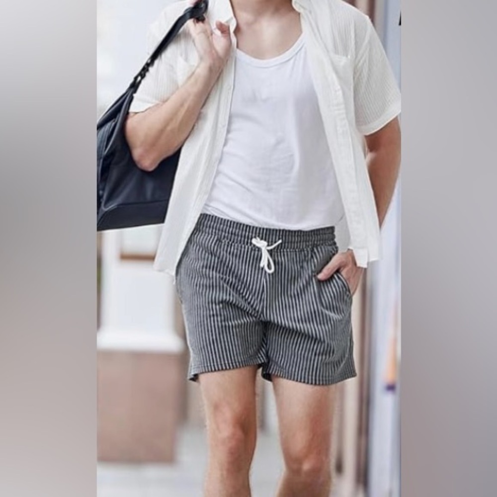 FIROTTI New! Men’s Shorts Sweatknit Athletic Sporty Lt Blue Cream Pinstripe S-M - Picture 9 of 11